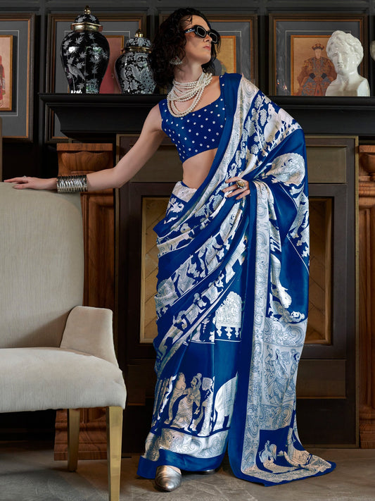 Blue Blue Block Print Crepe Printed Saree