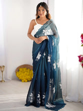 Blue Party Wear Organza Embellished Saree - The Dori Store