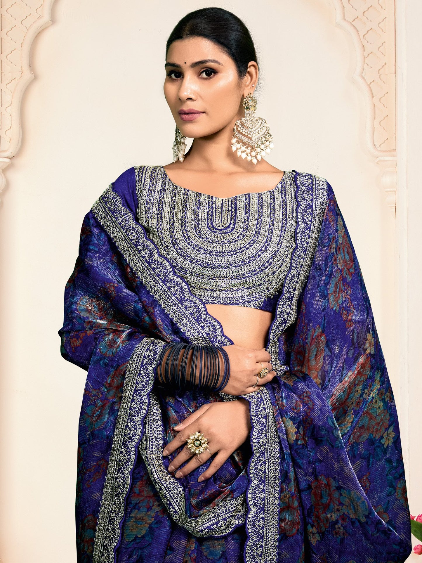 Dark Party Wear Organza Printed Saree