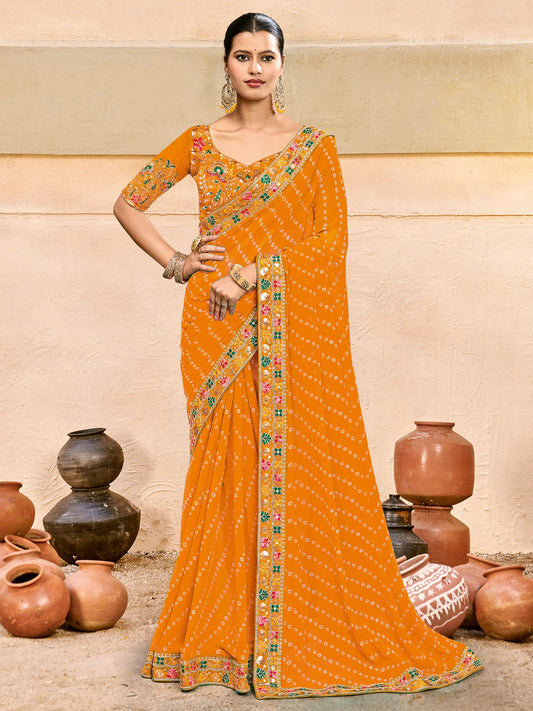Yellow Mustard Bandhani Pure Georgette Printed Saree