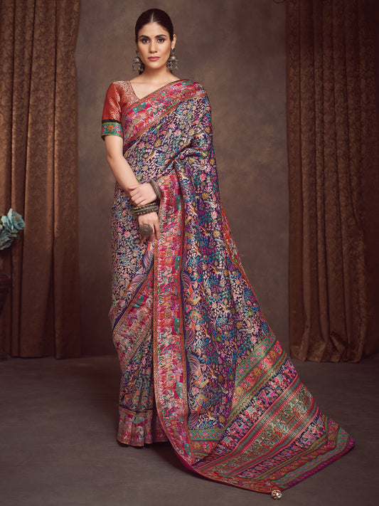 Blue Navy Banarasi Viscose Silk Woven Saree