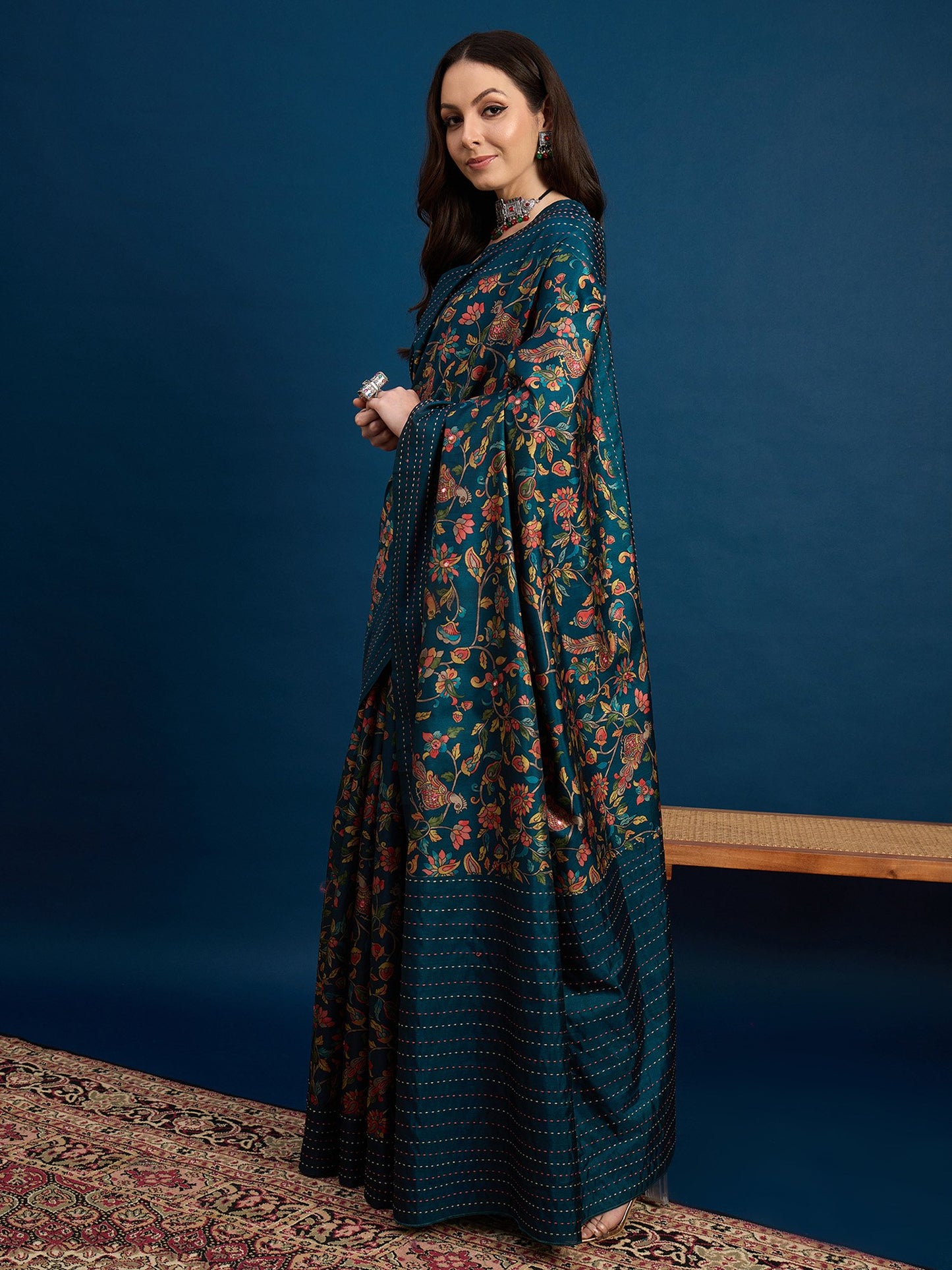 Teal Tussar Silk Blend Printed Saree