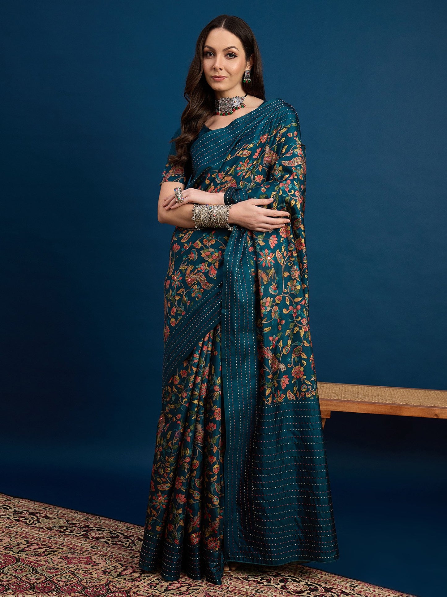 Blue Teal Tussar Silk Blend Printed Saree
