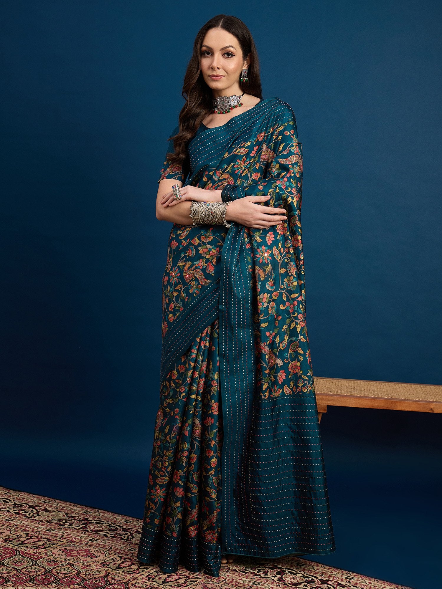 Blue Teal Tussar Silk Blend Printed Saree