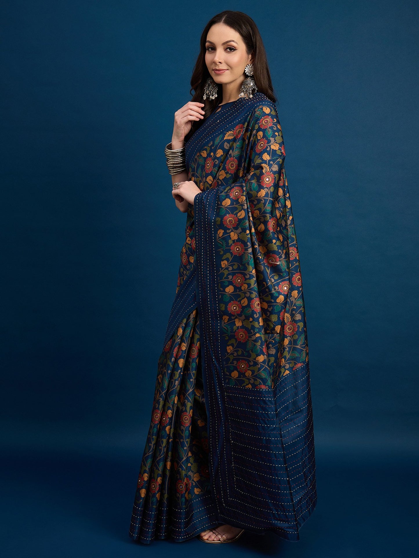 Navy Tussar Silk Blend Printed Saree
