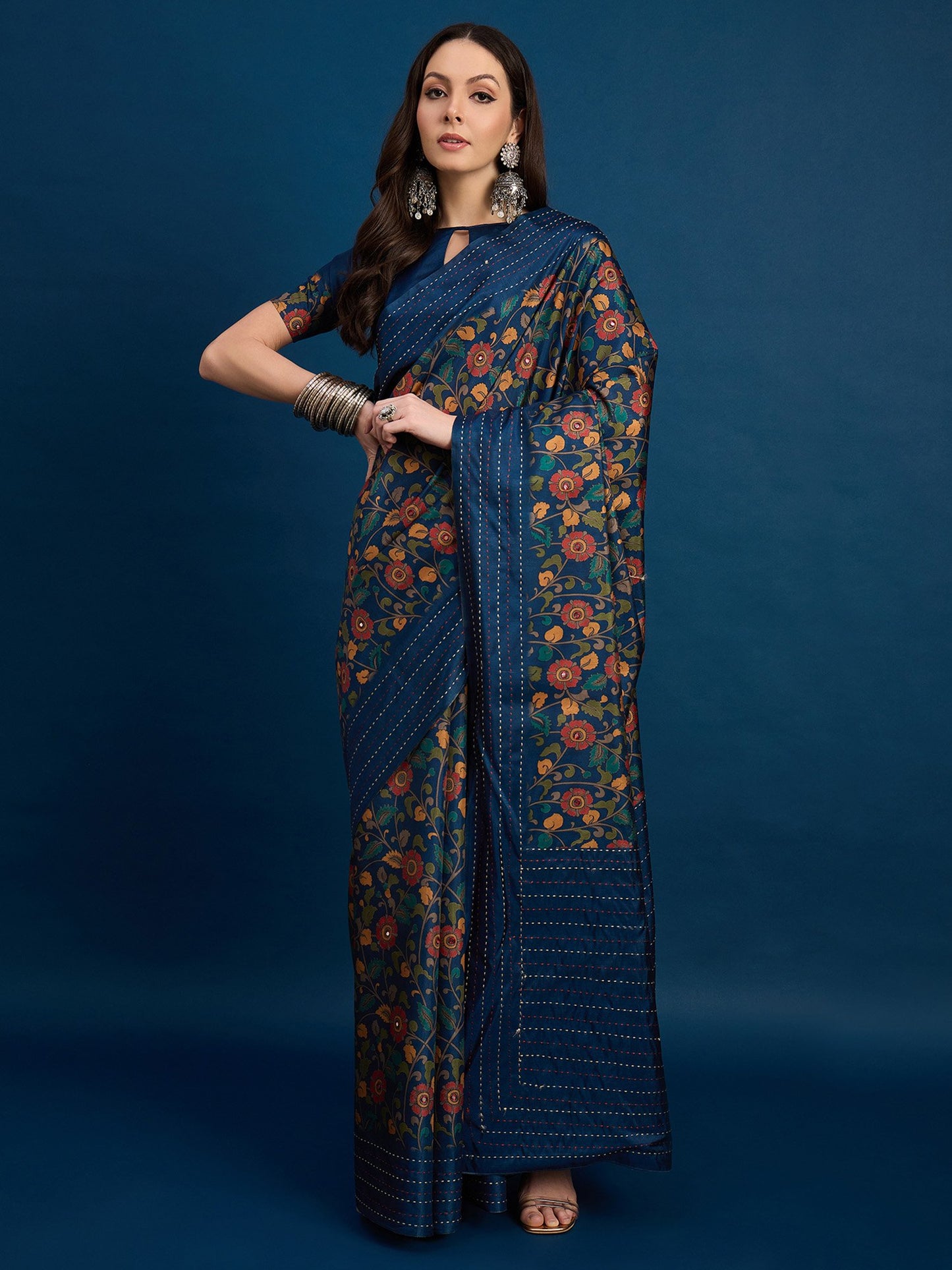 Blue Navy Tussar Silk Blend Printed Saree