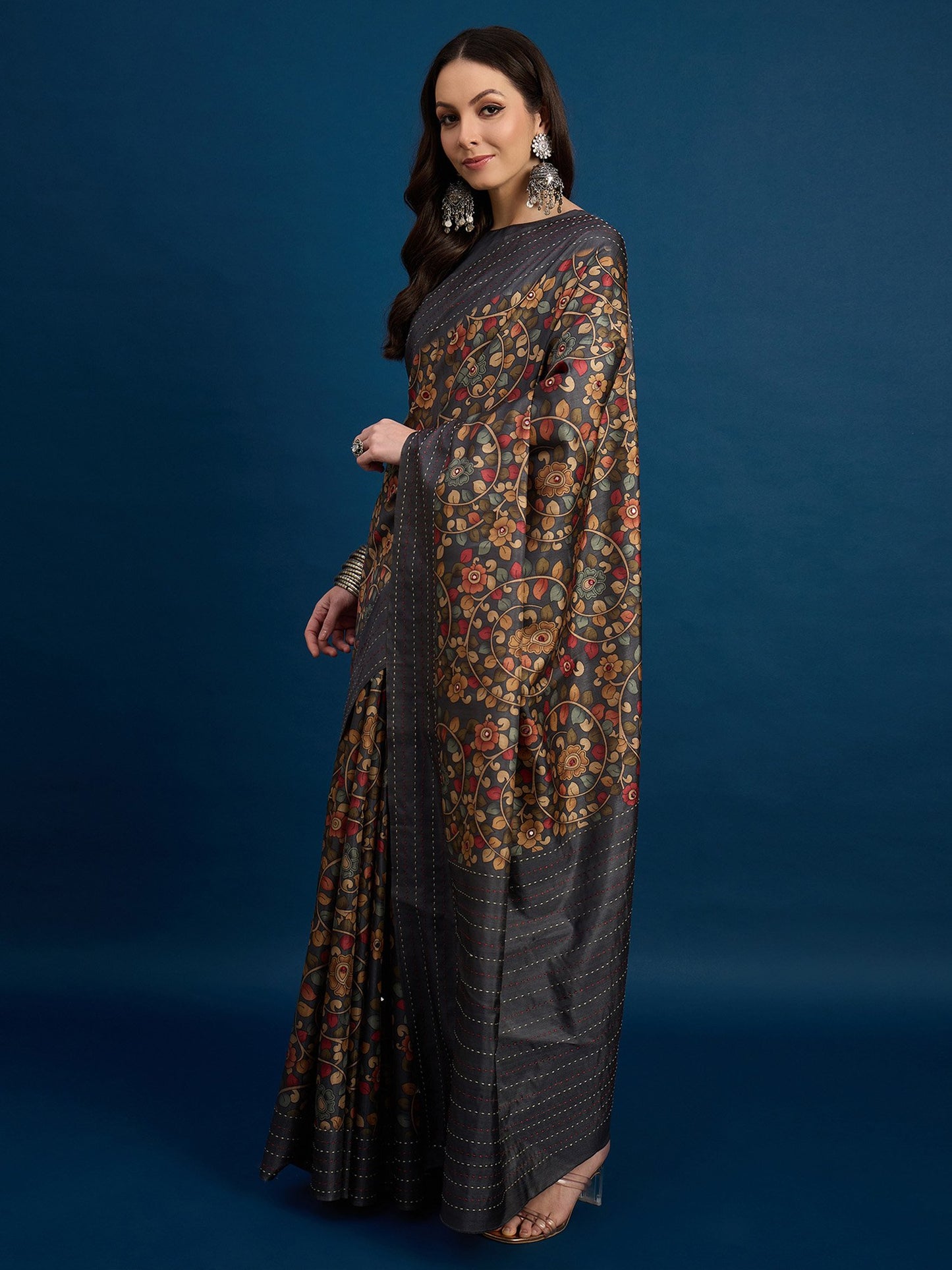 Charcoal Tussar Silk Blend Printed Saree