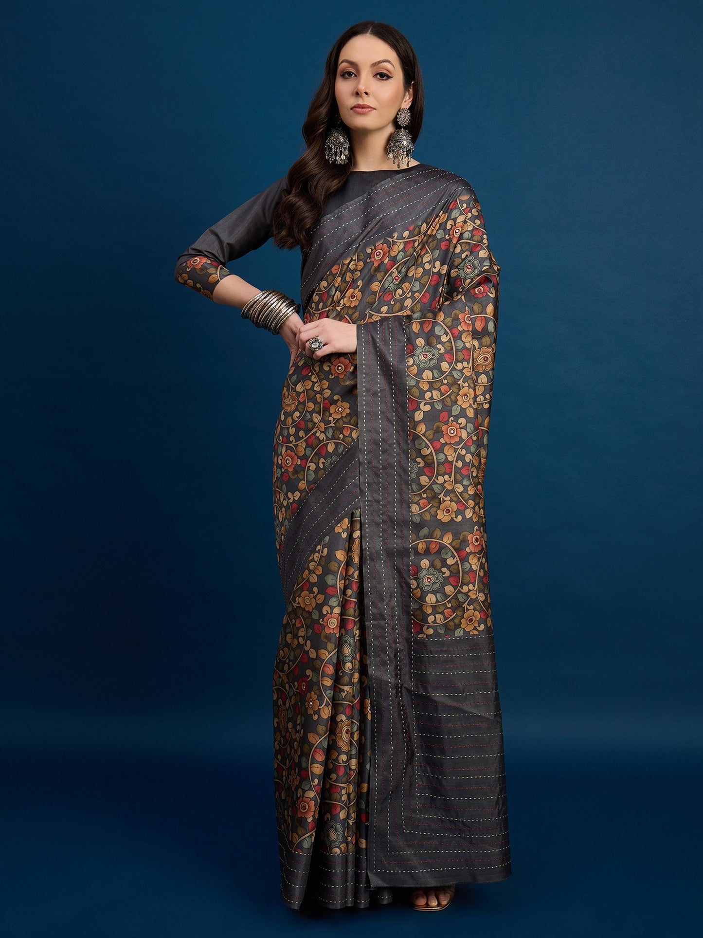 Grey Charcoal Tussar Silk Blend Printed Saree
