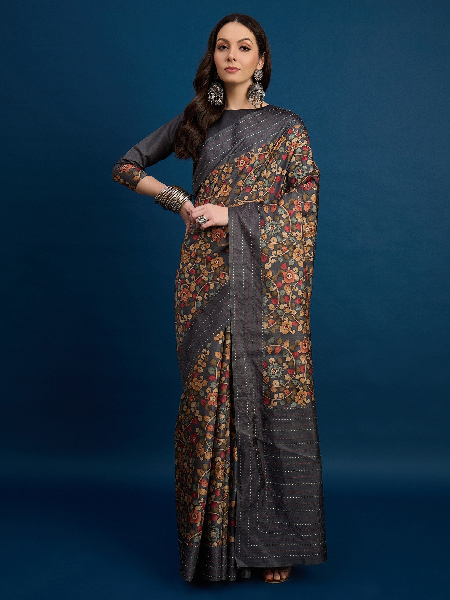 Grey Charcoal Tussar Silk Blend Printed Saree