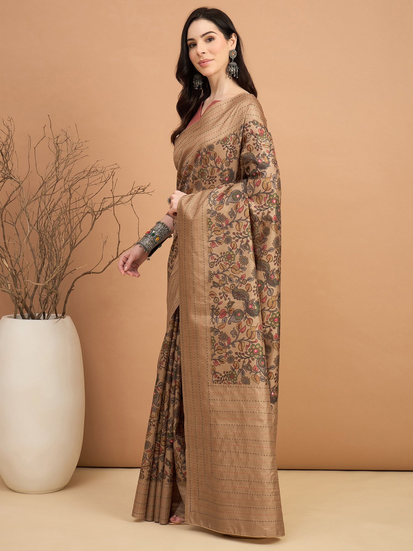 Beige Tussar Silk Blend Printed Saree