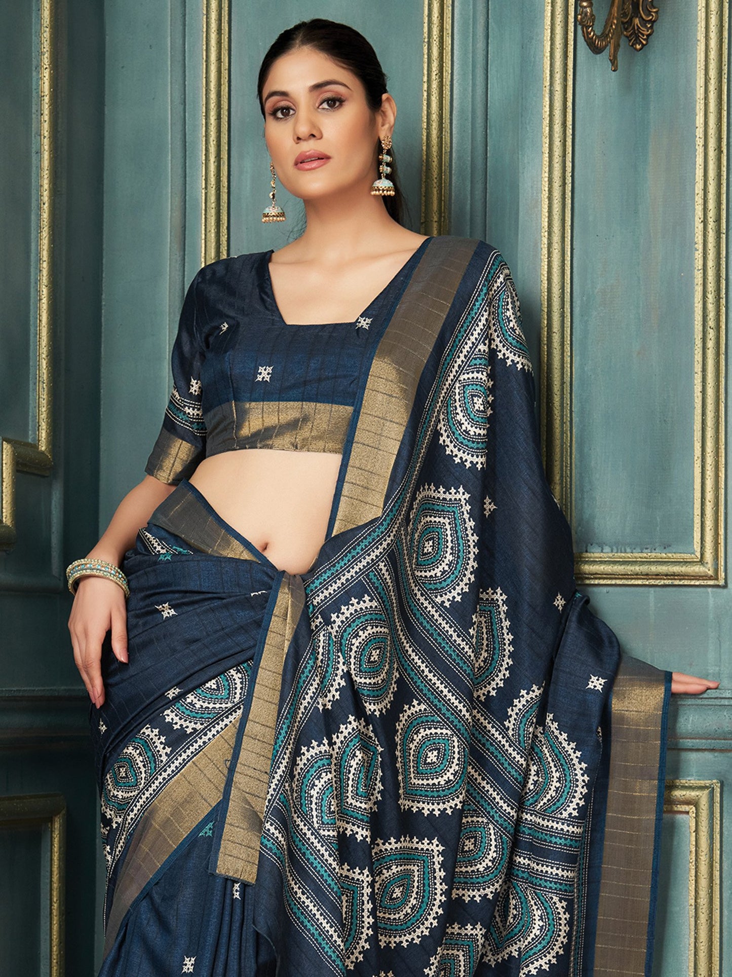 Navy Block Print Silk Blend Printed Saree