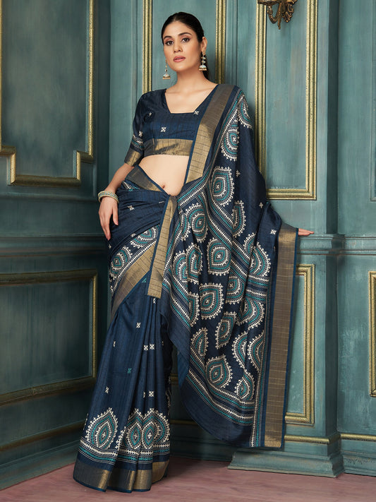Blue Navy Block Print Silk Blend Printed Saree