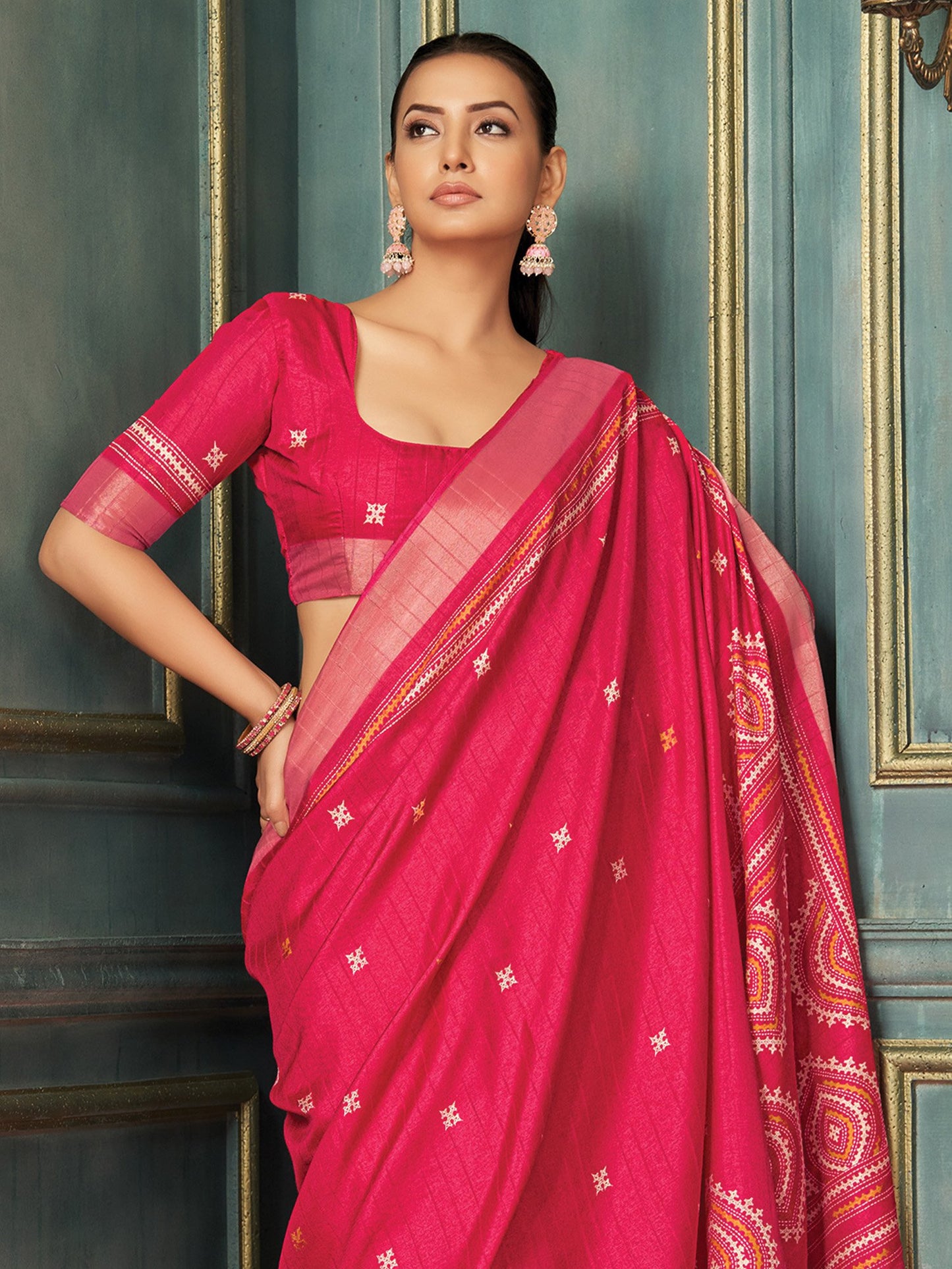 Pink Block Print Silk Blend Printed Saree