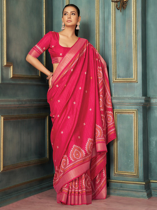 Pink Pink Block Print Silk Blend Printed Saree