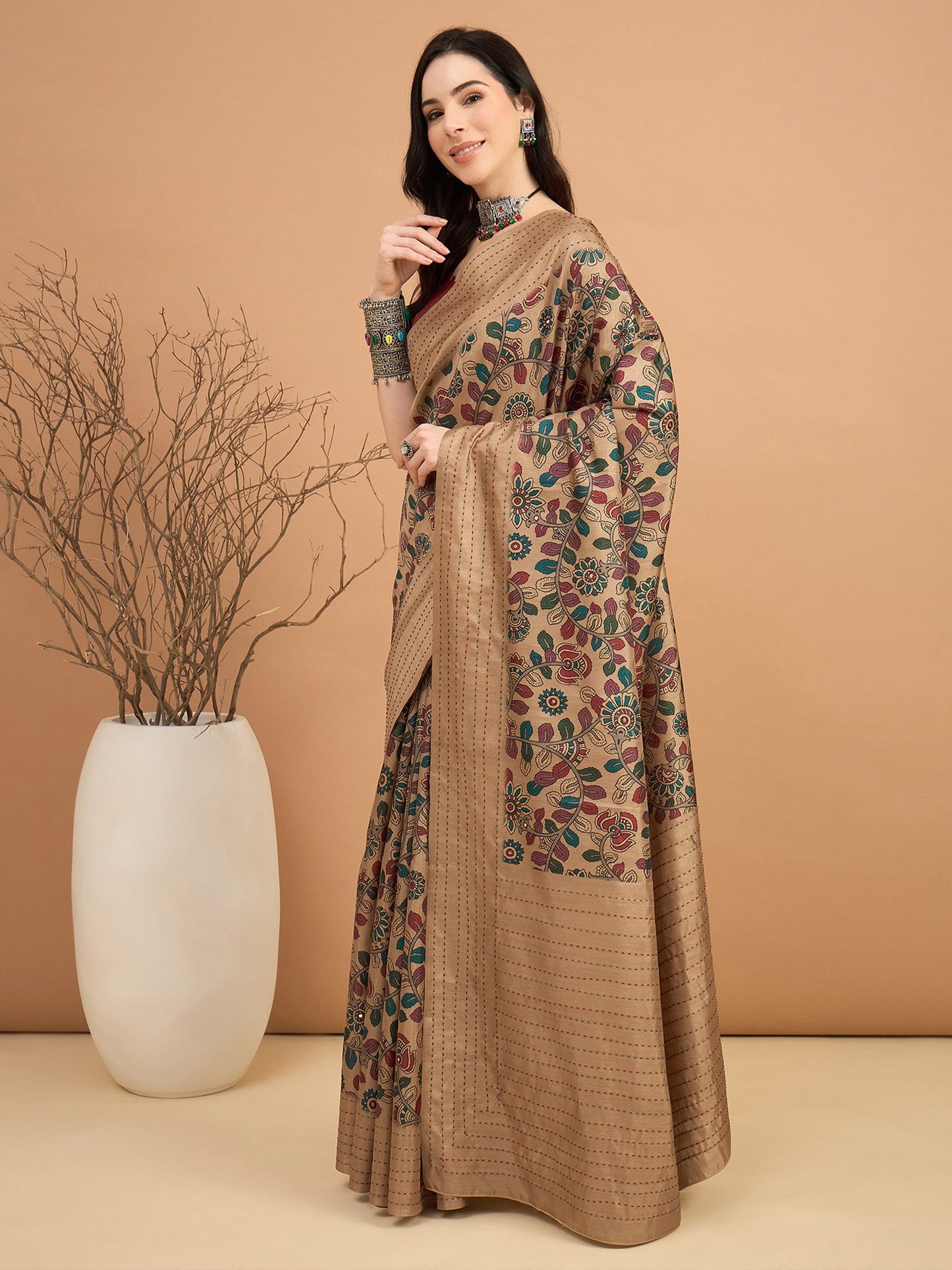 Beige Tussar Silk Blend Printed Saree
