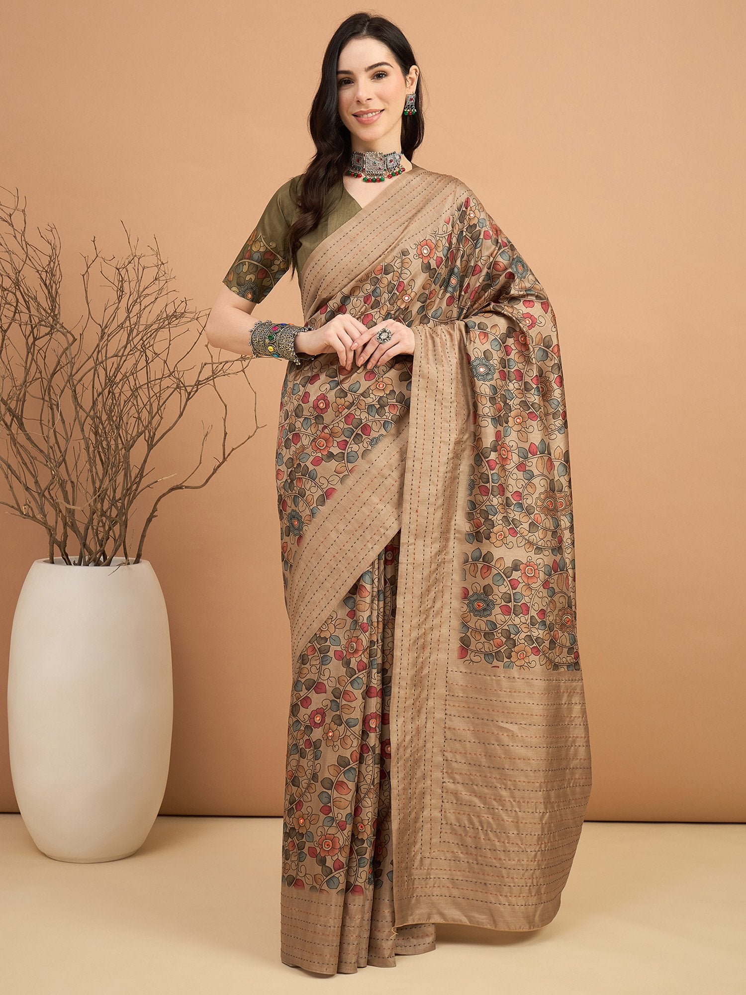 Brown Beige Tussar Silk Blend Printed Saree