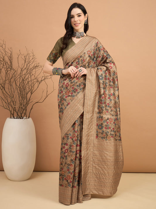 Brown Beige Tussar Silk Blend Printed Saree