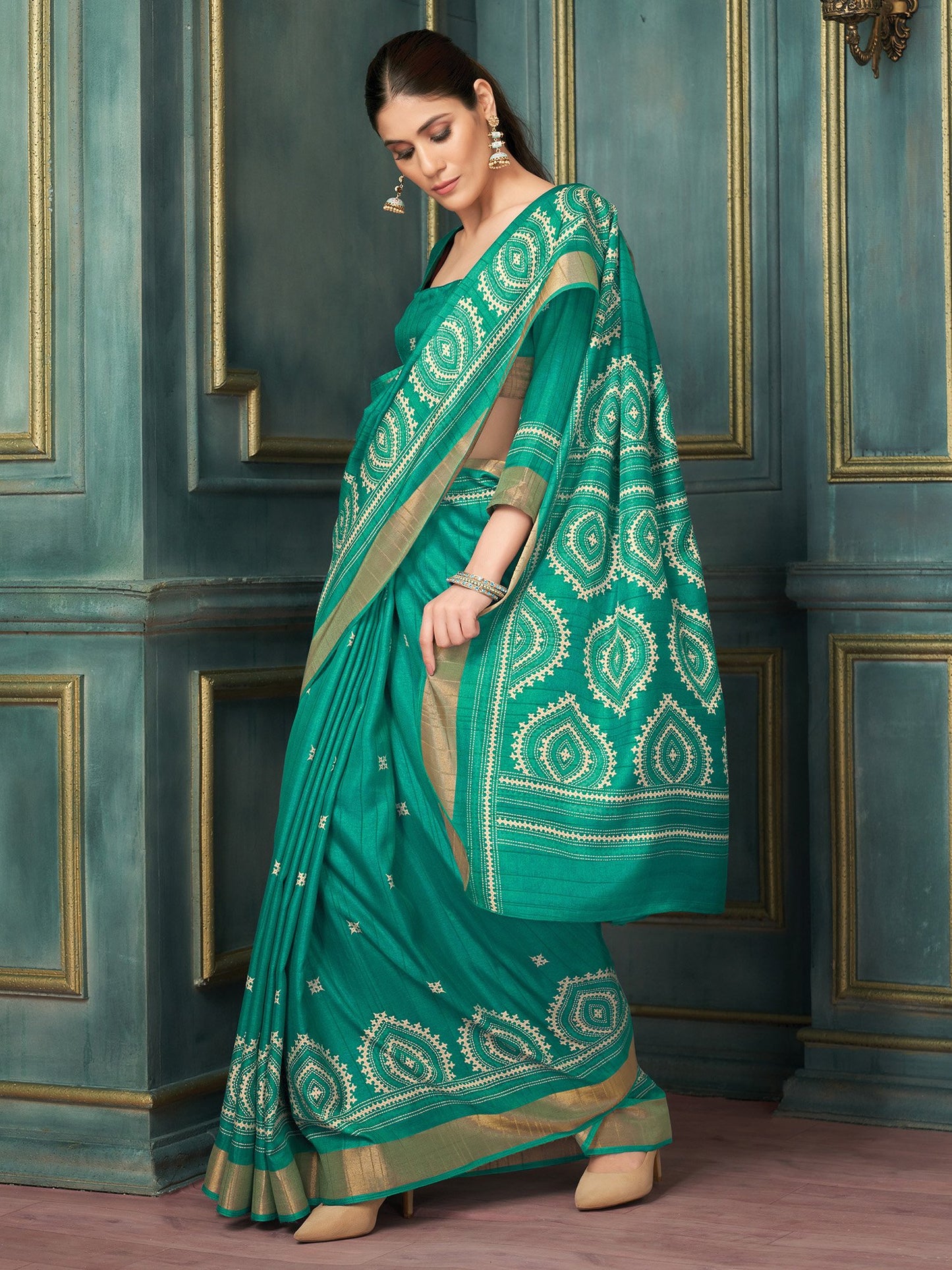 Teal Block Print Silk Blend Printed Saree