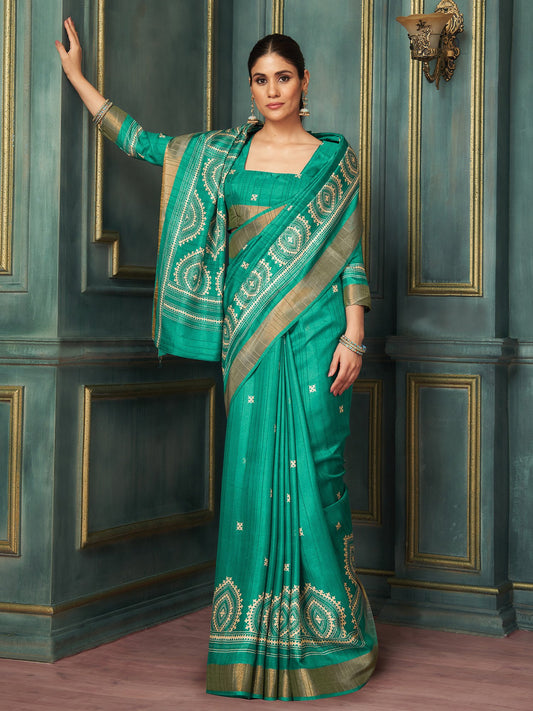Green Teal Block Print Silk Blend Printed Saree