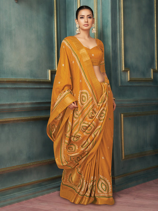 Yellow Mustard Block Print Silk Blend Printed Saree
