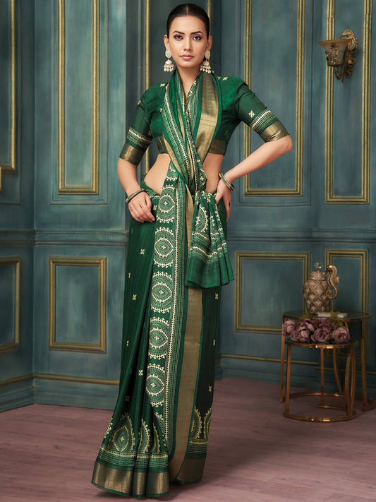 Green Green Block Print Silk Blend Printed Saree
