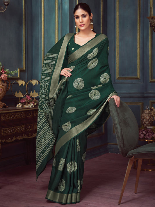 Green Green Block Print Silk Blend Printed Saree