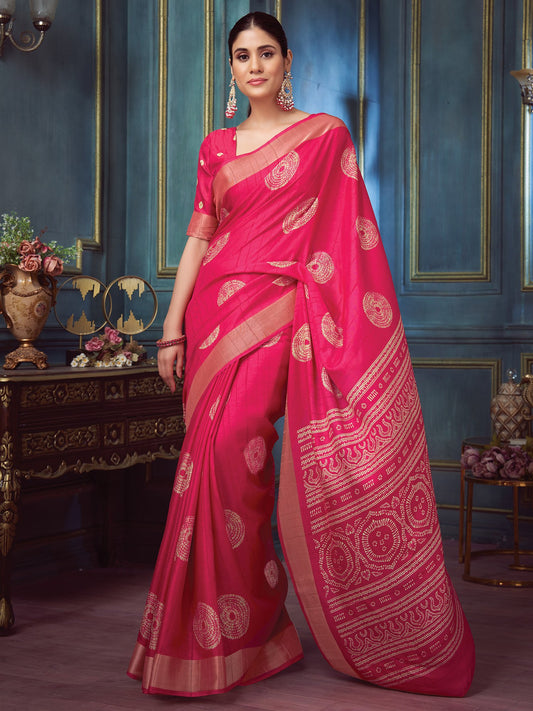 Pink Pink Block Print Silk Blend Printed Saree