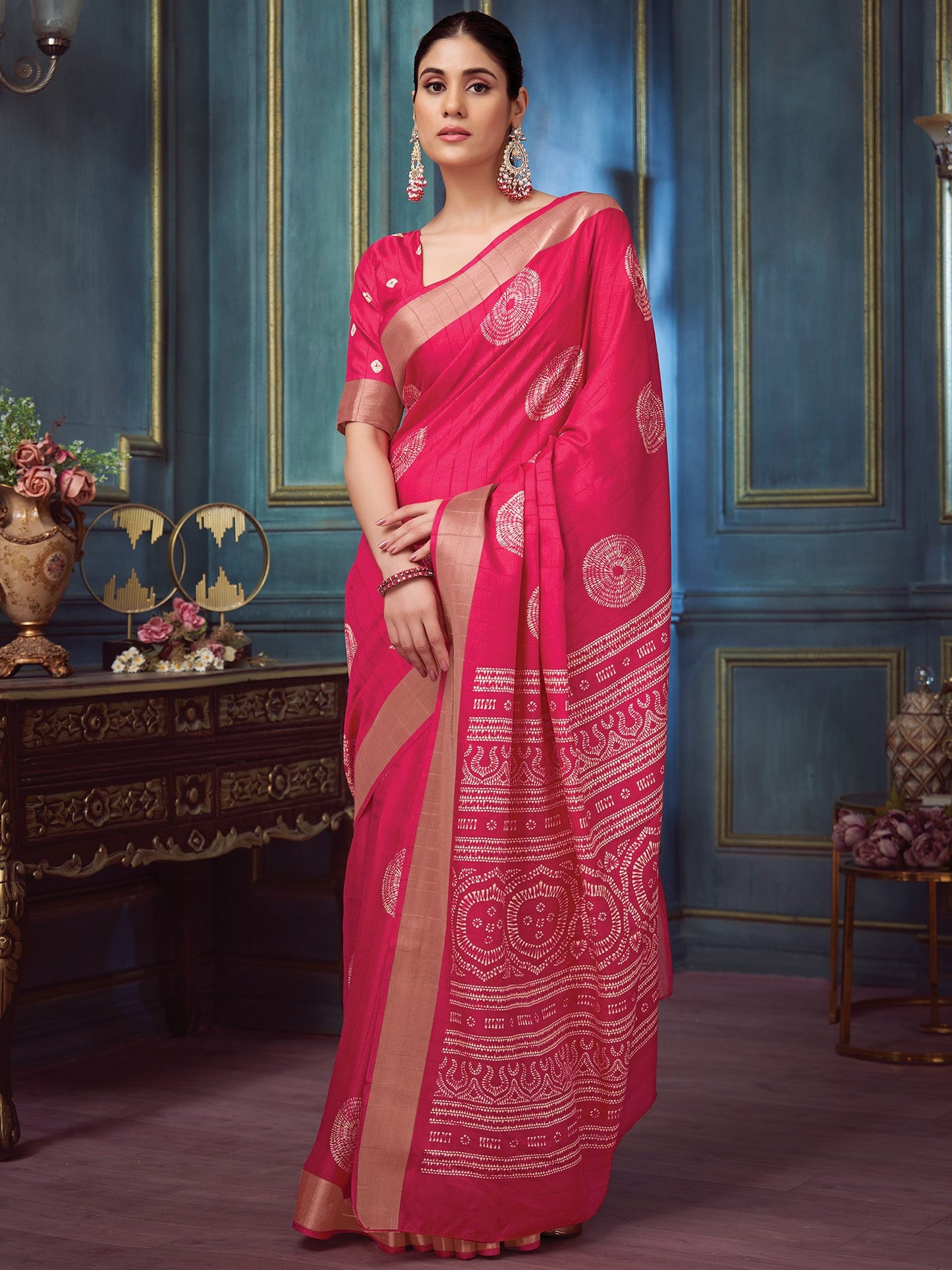 Pink Block Print Silk Blend Printed Saree