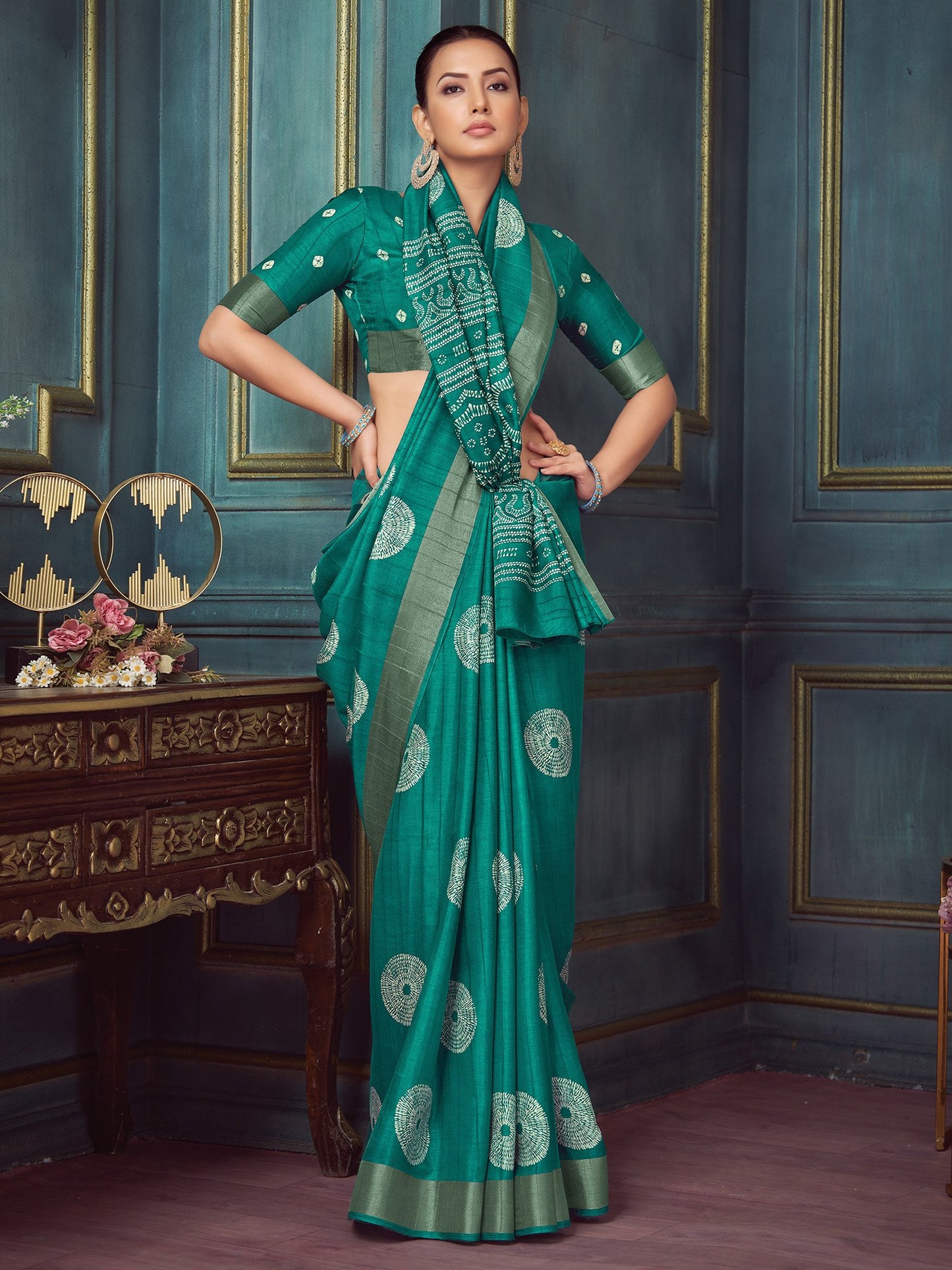 Blue Block Print Silk Blend Printed Saree