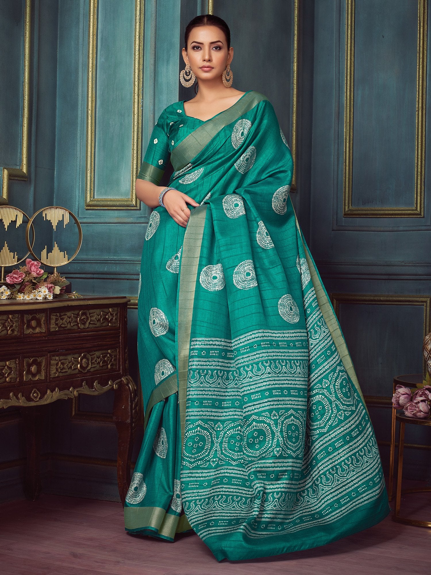 Blue Blue Block Print Silk Blend Printed Saree