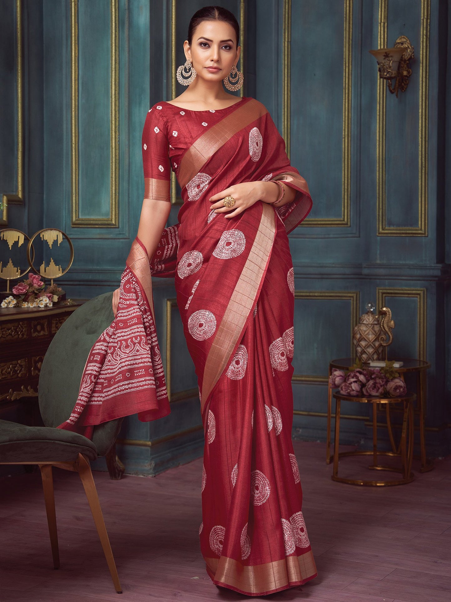 Red Block Print Silk Blend Printed Saree