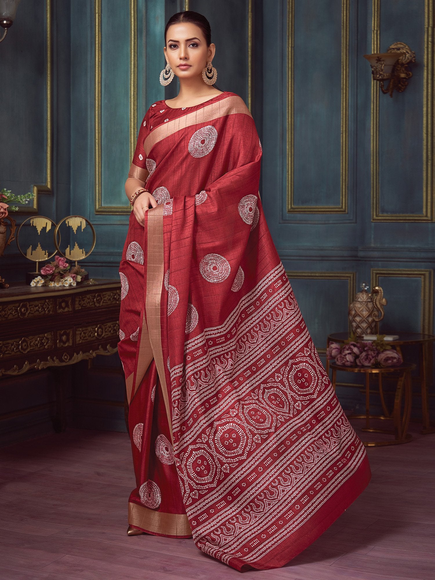 Red Red Block Print Silk Blend Printed Saree