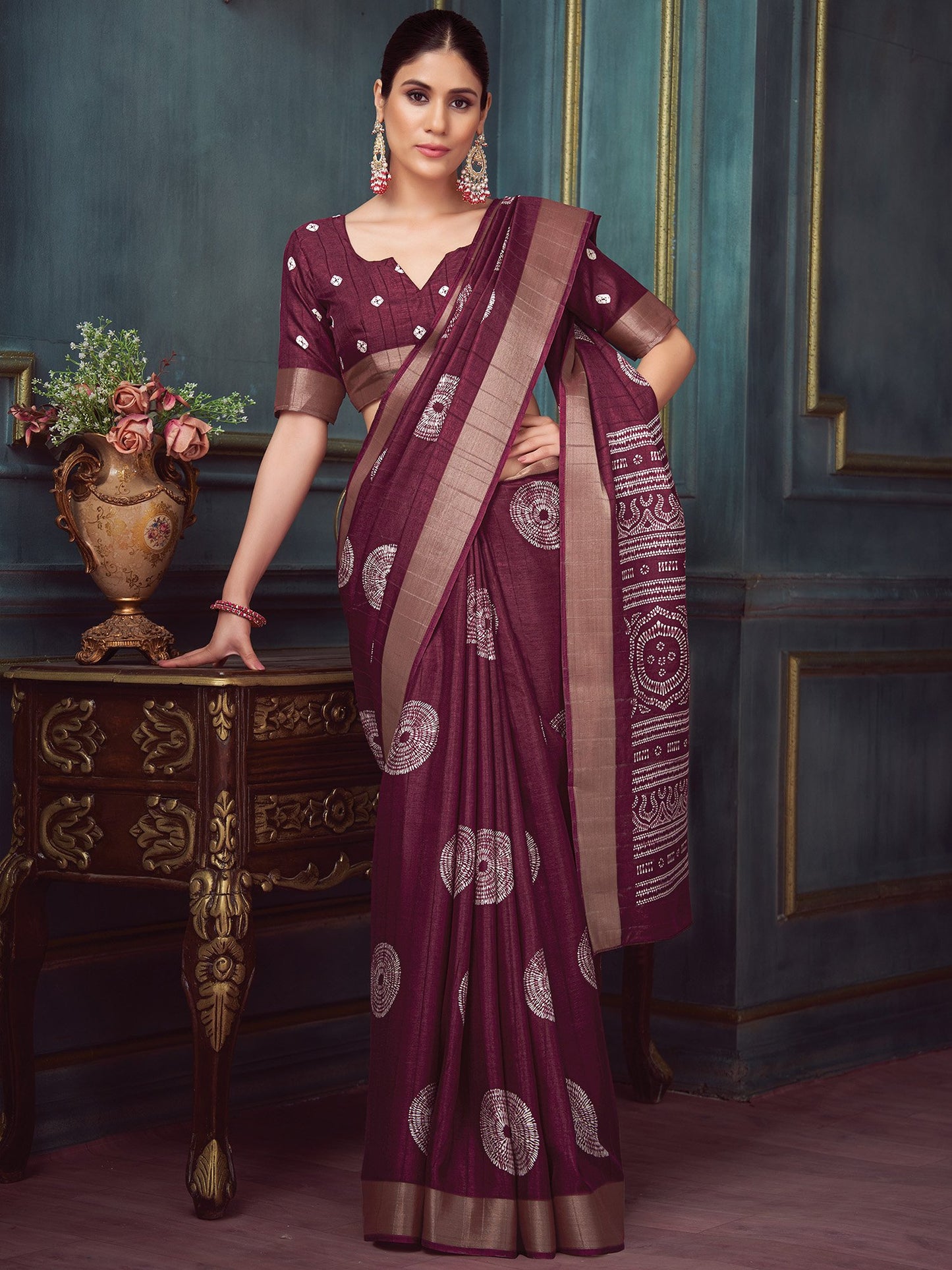 Burgundy Block Print Silk Blend Printed Saree