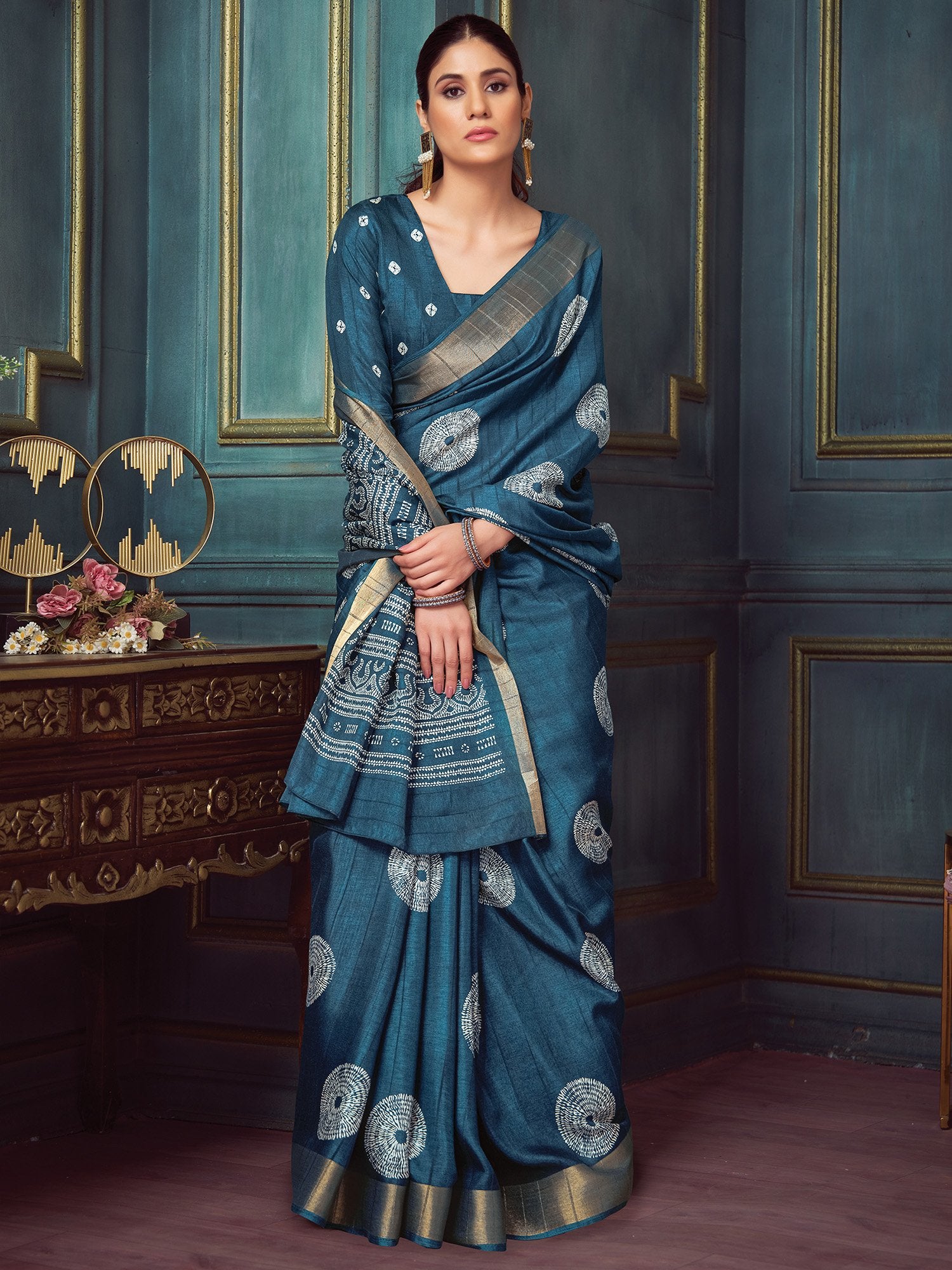 Blue Navy Block Print Silk Blend Printed Saree