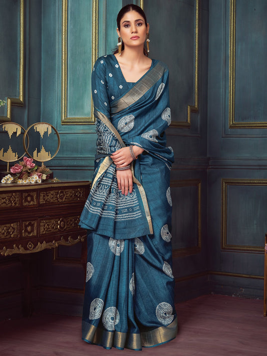 Blue Navy Block Print Silk Blend Printed Saree