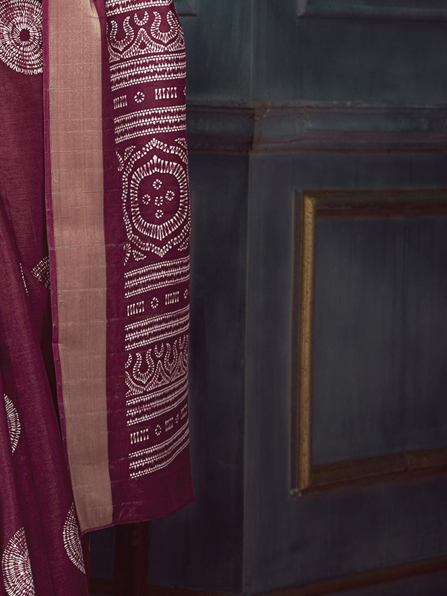 Burgundy Block Print Silk Blend Printed Saree