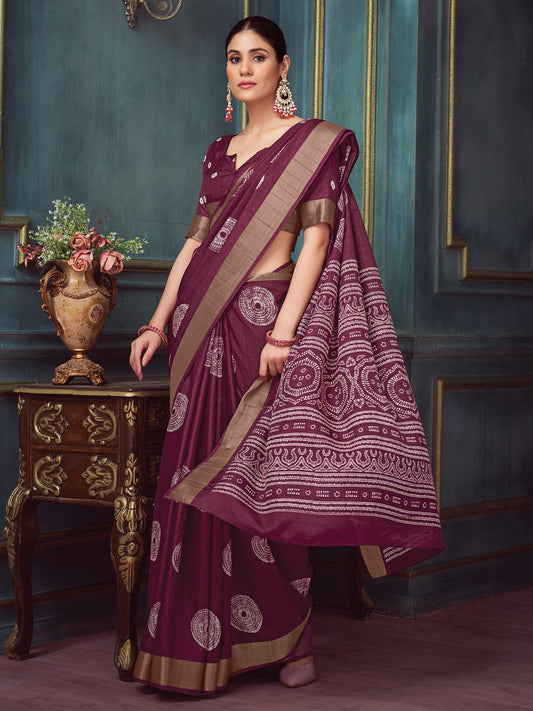 Purple Burgundy Block Print Silk Blend Printed Saree