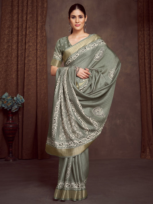 Green Light Block Print Silk Blend Printed Saree