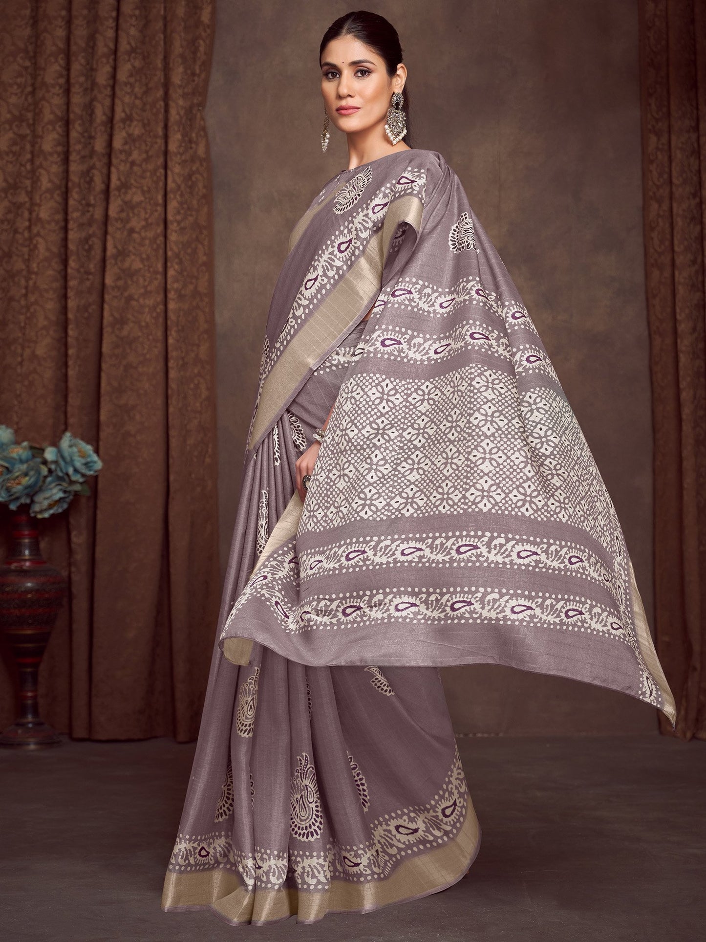 Mauve Block Print Silk Blend Printed Saree