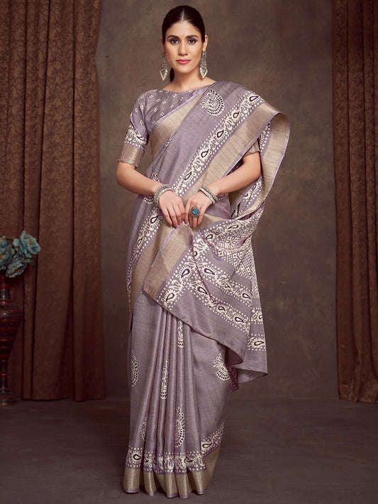 Lavender  Mauve Block Print Silk Blend Printed Saree