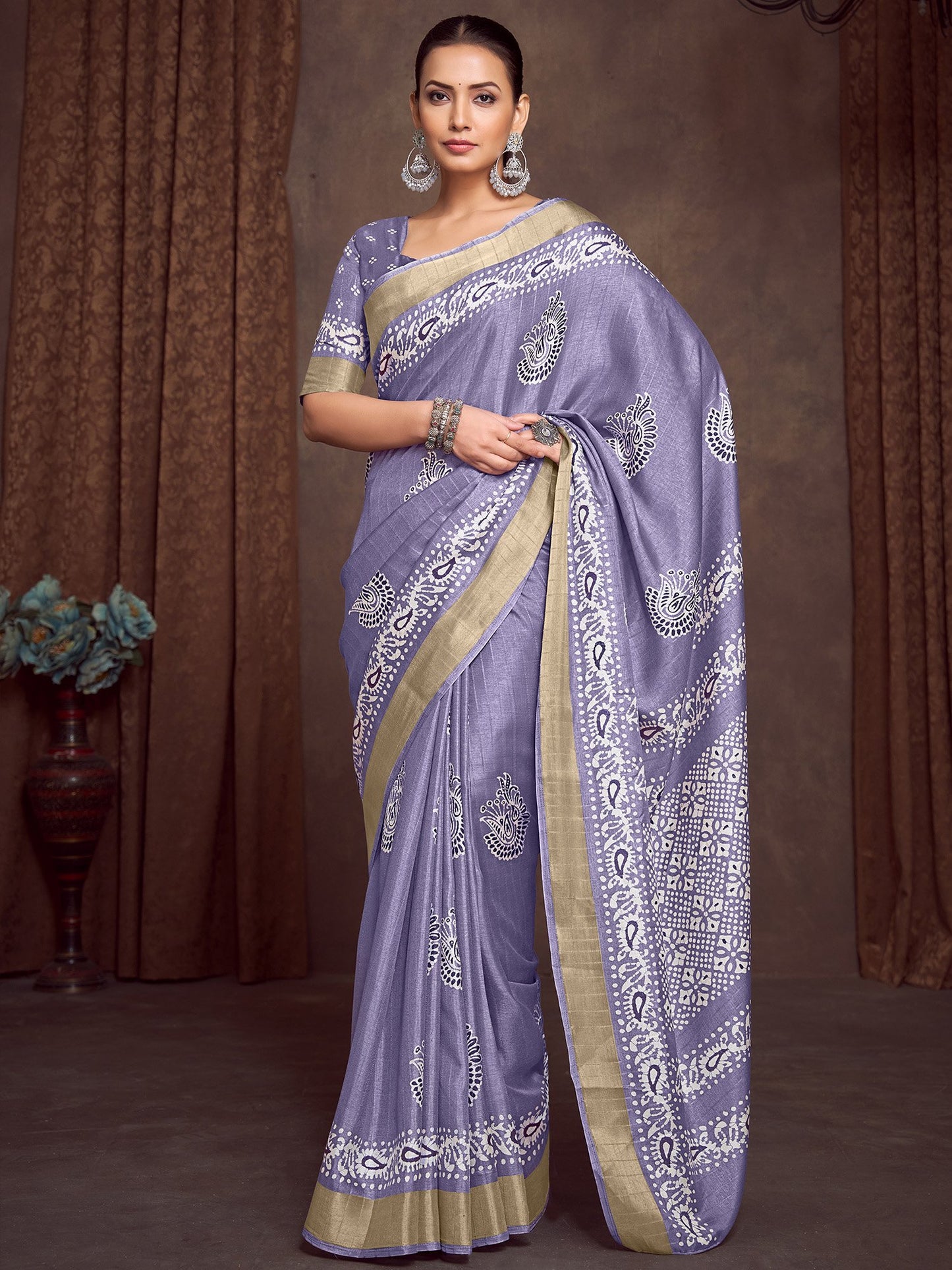 Lavendar Block Print Silk Blend Printed Saree