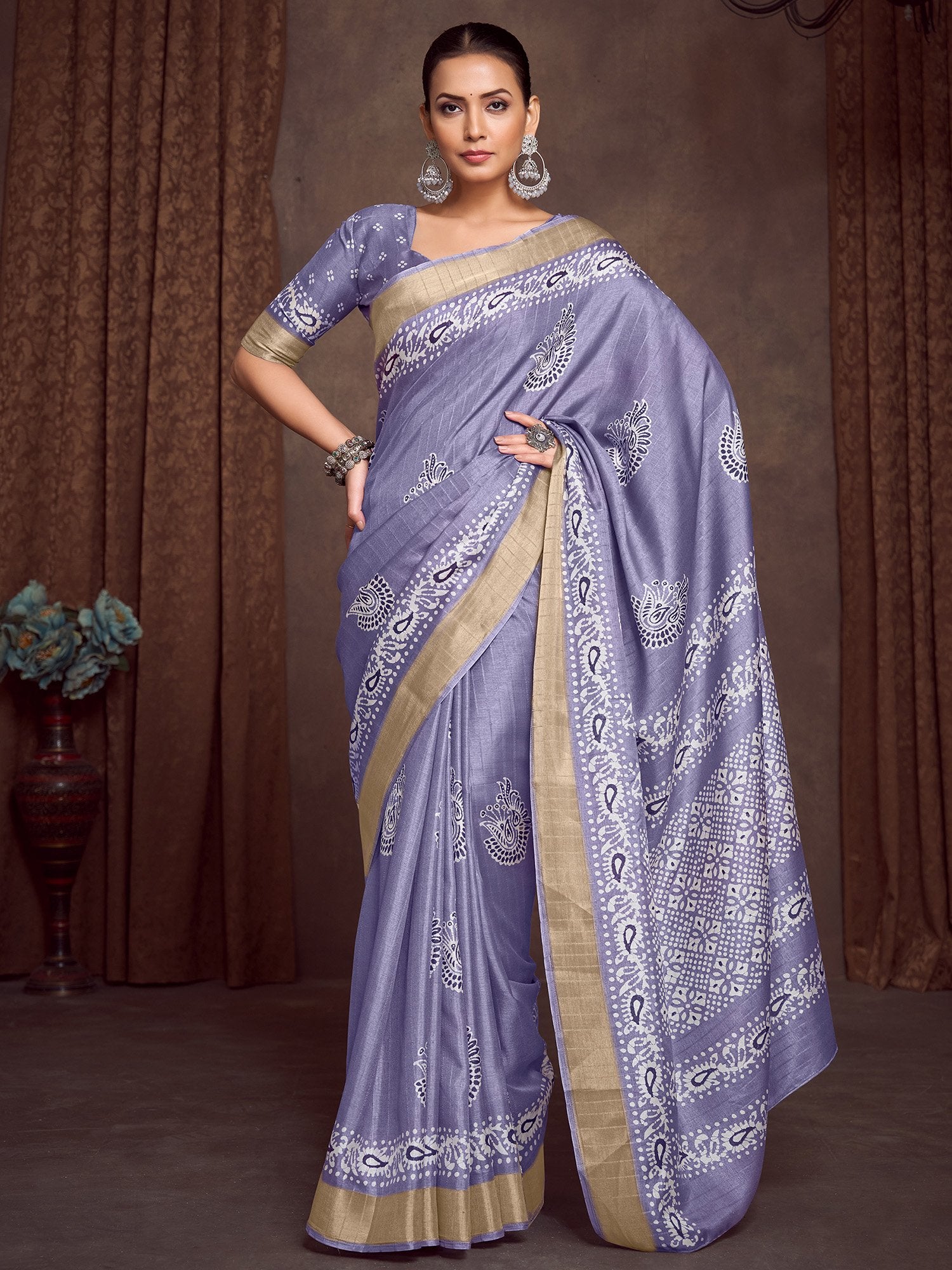 Lavender Lavendar Block Print Silk Blend Printed Saree