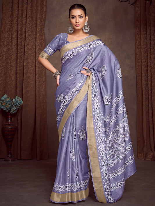 Lavender Lavendar Block Print Silk Blend Printed Saree