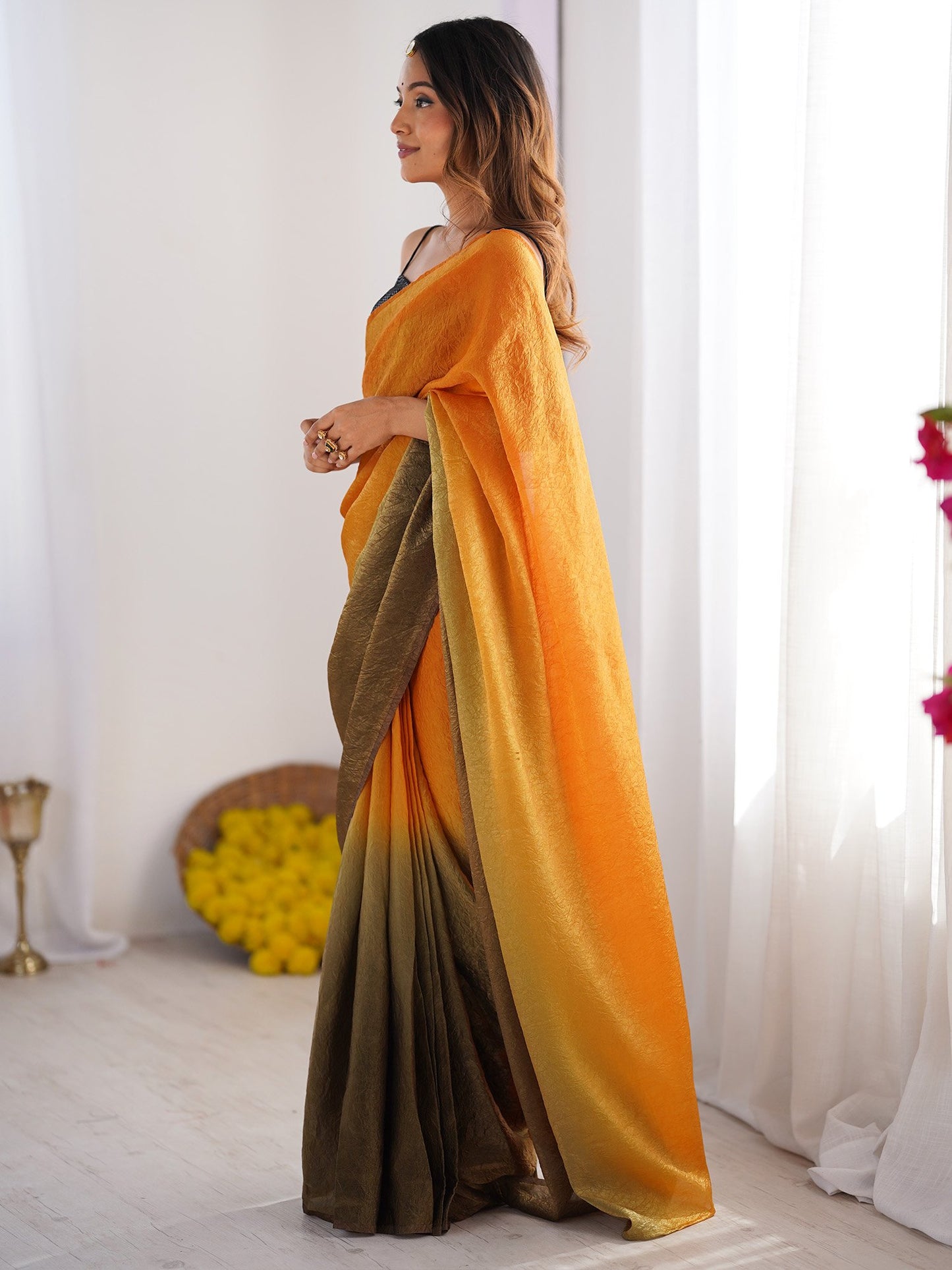 Mustard Party Wear Satin Silk  Solid Saree
