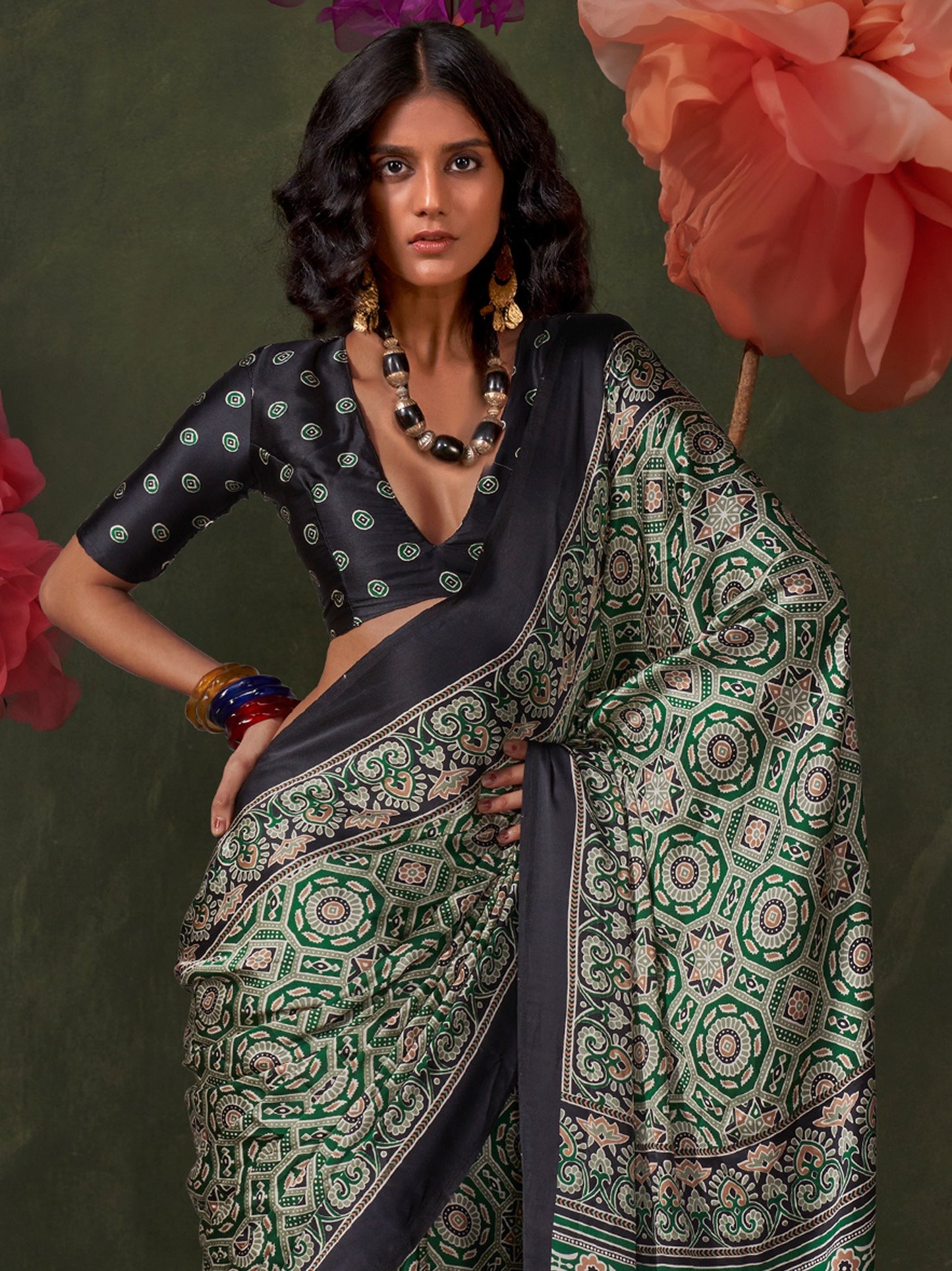 Green Block Print Crepe Printed Saree