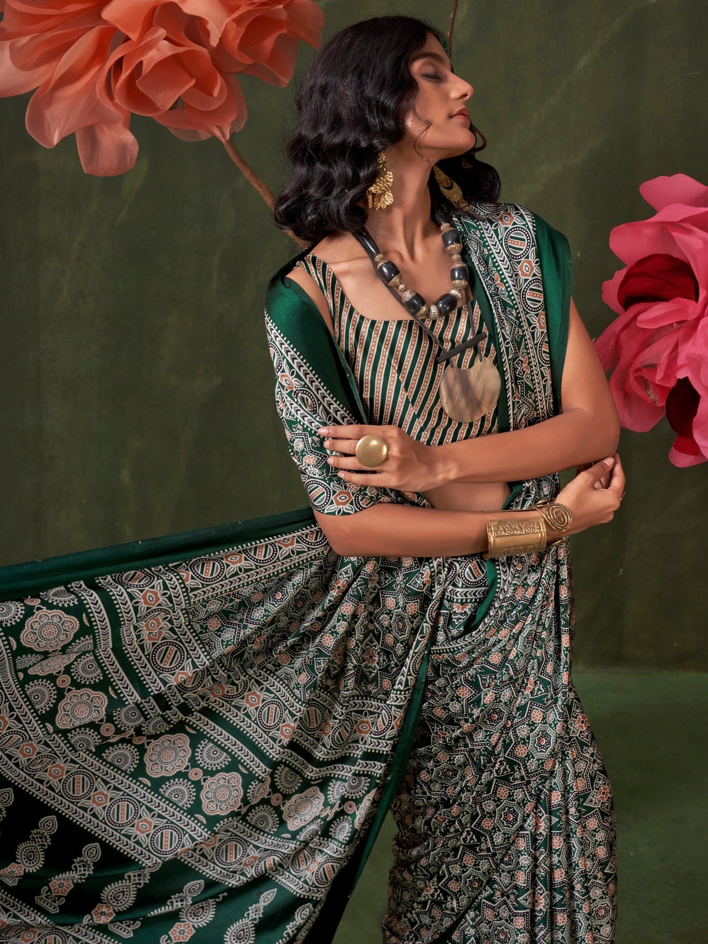 Green Block Print Crepe Printed Saree