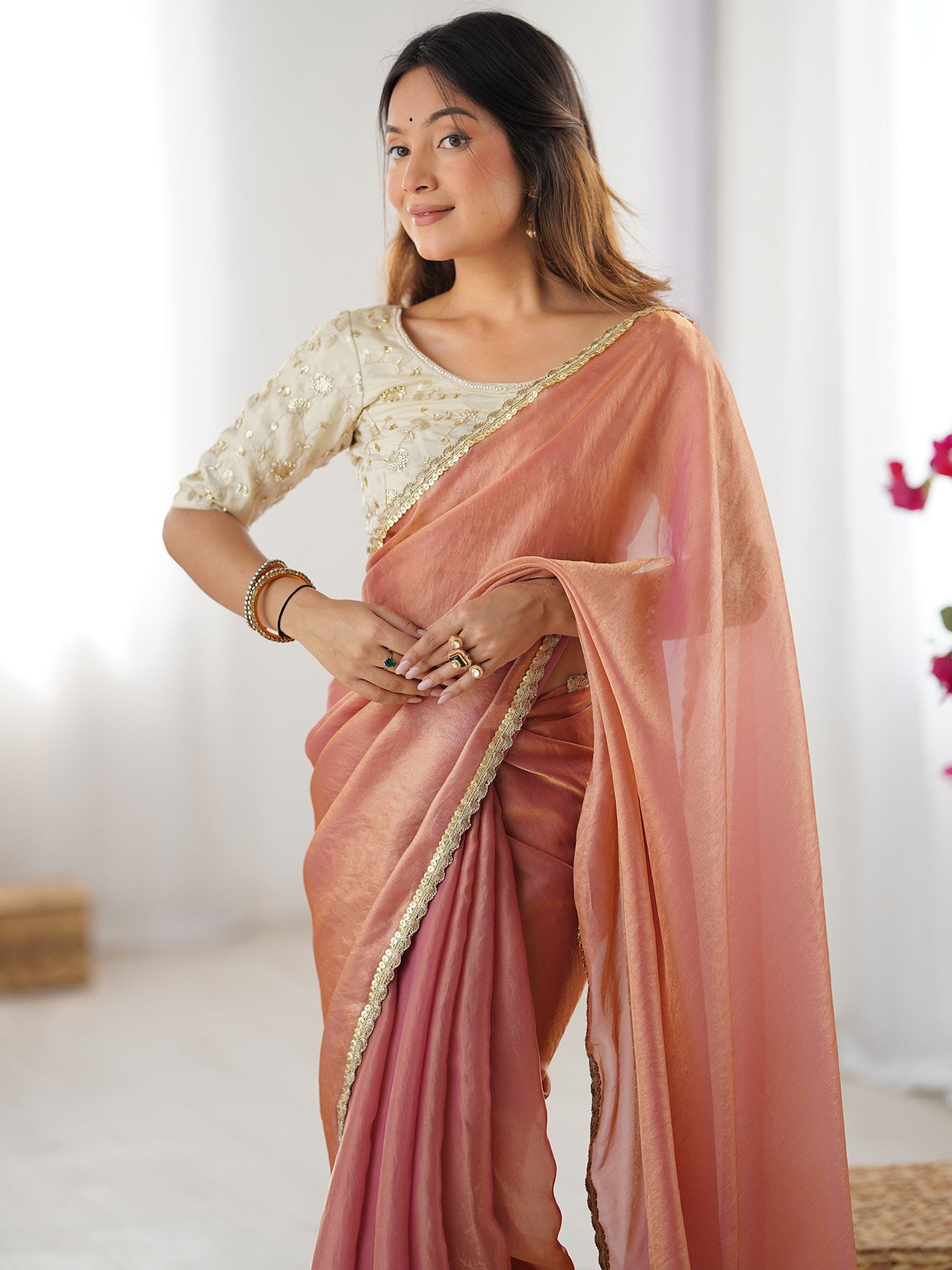 Peach Party Wear Satin Silk Embellished Saree