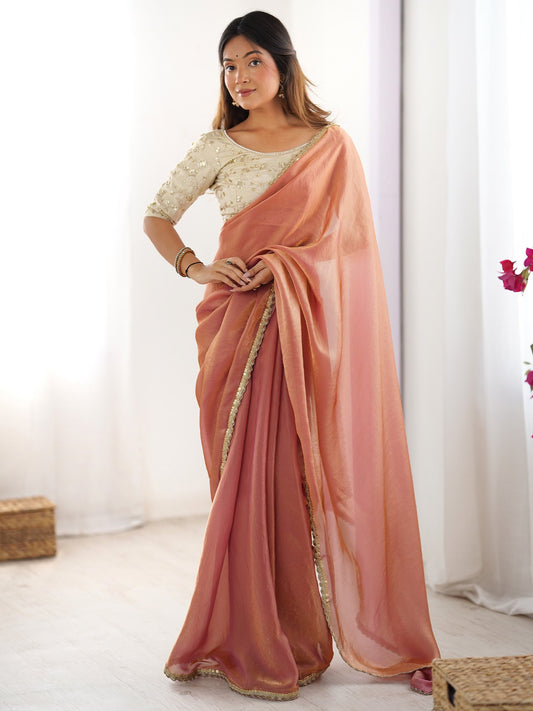 Pink Peach Party Wear Satin Silk Embellished Saree