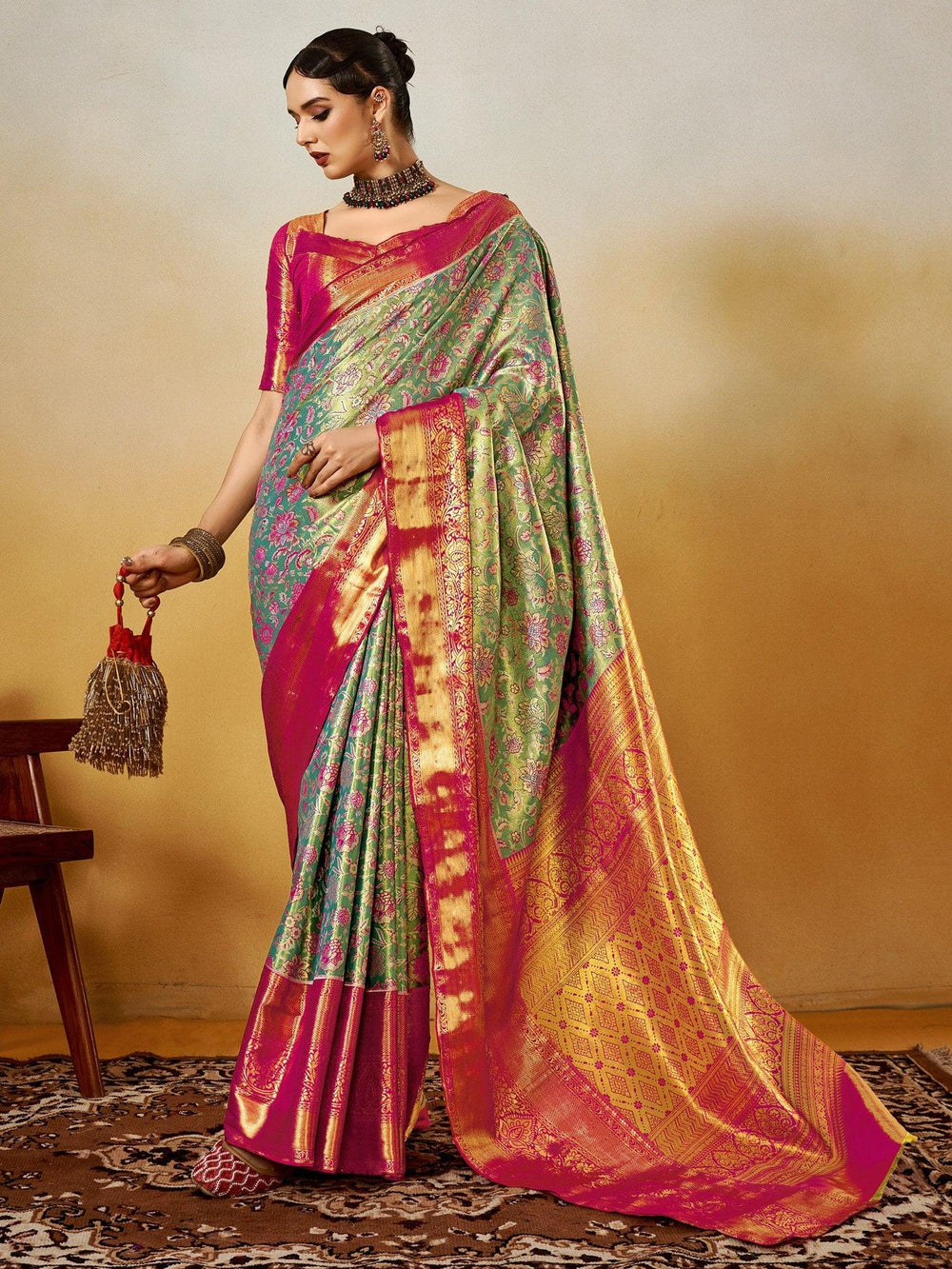 Turquoise Kanjeevaram Silk Blend Woven Saree - The Dori Store