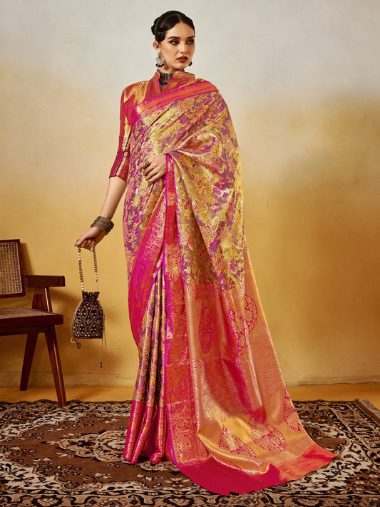 Pink Mauve Kanjeevaram Silk Blend Woven Saree